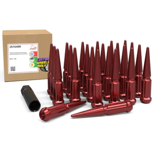 Image of Wheel Accessories Parts 24 Pcs + 1 Key M14x1.50 14x1.50 Thread Spike Spline 4.40 inch Long Lug Nuts Red Truck Spline Hex Fits Chevy Silverado GMC Sierra Ford F-150 RAM 1500
