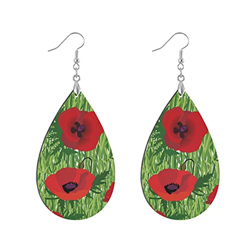 1 paire de boucles d'oreilles en bois peint en forme de goutte d'eau avec coquelicots rouges à motif floral de prairie d'été, Teardrop, Bois Cuivre Argent Cover