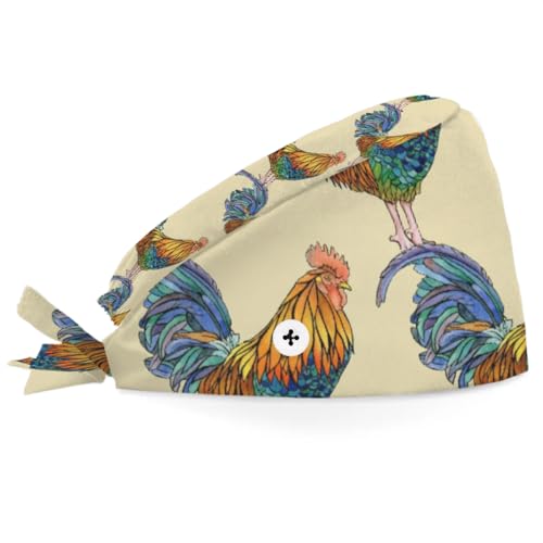 Mularoka Watercolor Roosters Working Caps with Button Sweatband Comfortable Adjustable Bouffant Hats Work Hat for Women Men