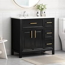 36 Inch Black Bathroom Vanity with Sink,Modern Bathroom Sink Cabinet 36" with 3 Drawers,Drop-in with Integrated Countertop,Gold Handles,Spacious Storage,Soft Closing,Solid Wood Frame-New