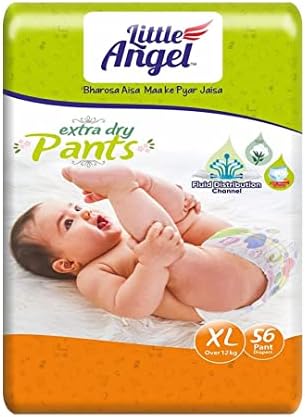 Little Angel Extra Dry Baby Pants Diaper, Extra Large (XL) Size, 56 Count, Super Absorbent Core Up to 12 Hrs Protection & Wetness Indicator, Pack of 1, Over 12kg