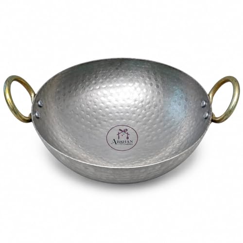 Image of Pure Iron Matthar Kadhai | Heavy Duty Hammered Iron Kadai with Strong Handles | Traditional Cooking Wok for Gas Stove | Deep Iron Kadhai for Indian Cooking (9 inch 22 CM 400ML)