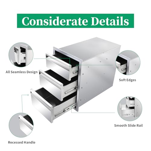 Image of Outdoor Kitchen Drawers 14 inch W x 21 inch H x 23 inch D Stainless Steel Triple Drawers with Hidden Handle for BBQ Island, Patio Grill Station & Outdoor Kitchen Cabinets
