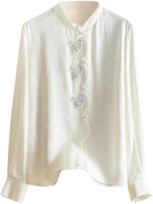 Women's Silk Jacquard Beaded Collar Blouse Summer Elegant Mulberry Silk Top