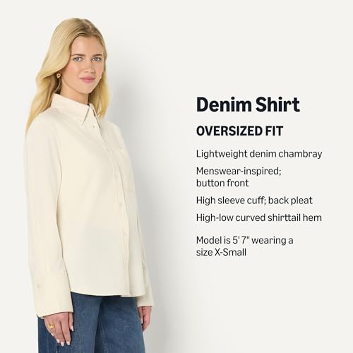 Amazon Essentials Women's Modern Oversized-Fit Cropped Denim Button-Down Shirt, Lightweight Chambray, Point Collar, Ecru, Large