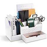 Niciksty Wood Desktop Mail Organizer, Fantasyon Mail Organizer Countertop with 6 Compartments and Drawer, Wood Desk Drawer Organizer for File Letter Paper Folder, White