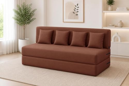 Image of Los Angeles Foldable Four Seater Sofa Cum Bed, Sofa Bed 6 X 6 Feet Jute Fabric Washable Cover Including Four Cushion Perfect for Living Room & Office, Bedroom - Brown Color