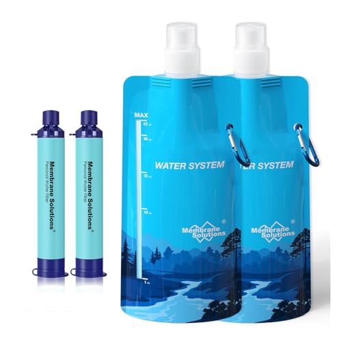 Membrane Solutions Squeezable Water Filtration System, Survival Water Purifier Kit, Portable Backpacking Gear Including Water Filter Straw and 23oz Collapsible Bottle for Hiking Camping Trav