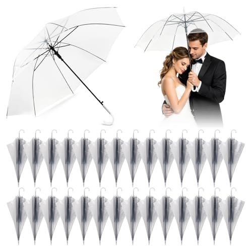 ADANIKI 30 Pack Clear Umbrella Wedding Bulk Transparent Auto Open Windproof Stick Umbrellas for Rain with White J Hook Handle for Bride Groom Photography Golf Outdoor Events