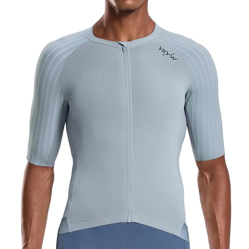 YKYWBIKE Cycling Jersey Men Aero Race Fit, Road Bike Jersey Short Sleeved Moisture Wicking, Breathable,Zip Pocket,UPF50＋Bicycle Biking Sun Protection Cement Grey - Thumbnail 2