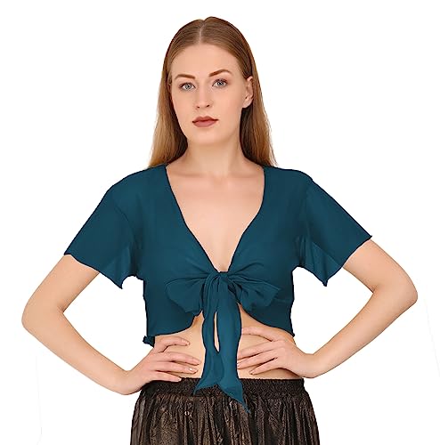 Image of Indian Trendy Women's Chiffon Short Sleeve Tie Top Choli Blouse Belly Dance Gypsy Tie Front Cardigan Tops