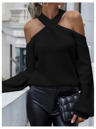 Image of MakeMeChic Women's Off The Shoulder Sweater Halter Criss Cross Knitted Fall Long Sleeve Pullover Sweaters Tops