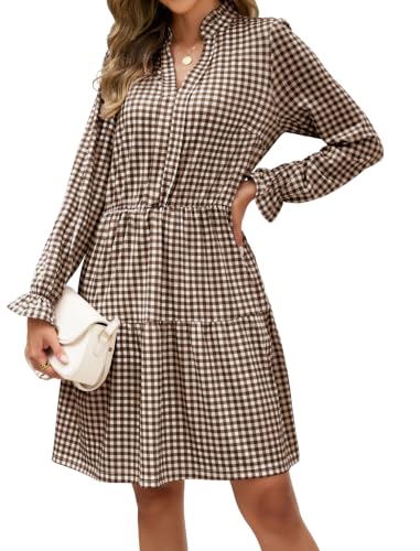 Image of Theenkoln Womens Casual Midi Dress: Short Sleeve V-Neck Empire Waist Gingham Spring Fashion Long Trendy Tiered Formal Dresses