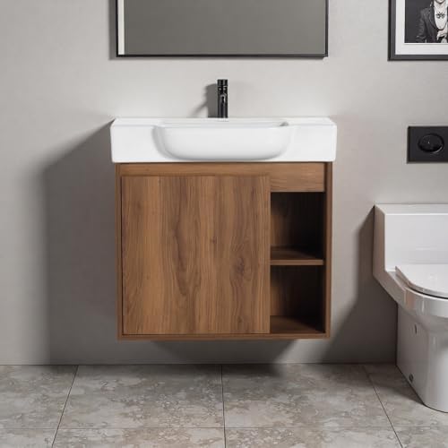 Image of 24 inch Bathroom Vanity with Ceramic Sink, Modern Wall-Mounted Bathroom Vanity with Soft-Close Door & 2 Open Storage Shelves for Home, Farmhouse, Undermount Storage Cabinet, Easy to Clean, Brown