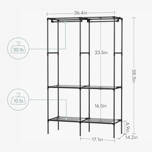 ALL Fire Portable Closet, Wardrobe Closet with 4 Shelves and 2 Hanging Rods, Freestanding Clothing Rack for Bedroom, Storage Organizer for Hanging Clothes, Black