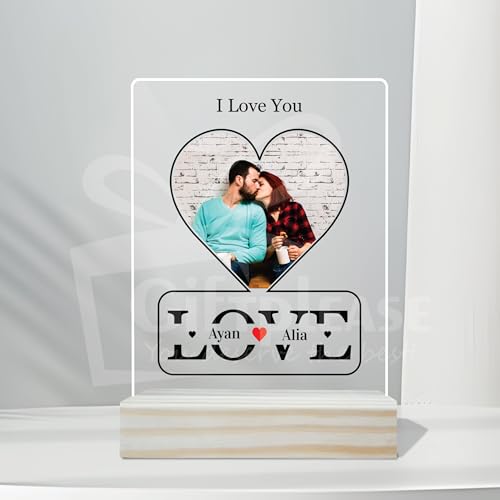 Image of Giftplease Customized Photo And Text Frame With Wooden Stand | Personalised Printed Photo Frame | Gift | Birthday | Anniversary (Transparent, 5MM, 6 * 8 Inches), Tabletop