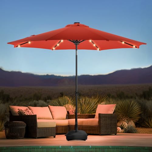 wikiwiki 10FT Solar Led Patio Umbrella with Base, Sturdy Outdoor Market Umbrella for Deck, Pool, Garden w/Tilt, Crank, 32 LED Lights, Red