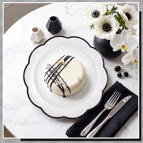 Image of 30 Pcs Black and White Paper Plates 7 Inch Halloween Plates Disposable | White Cake Dessert Plates with Black Trim Scalloped Party Plate for Baby Shower, Wedding, Bridal Shower, Birthday
