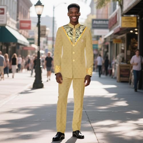 African Suits for Men Slim Fit Embroidery Brooch Single Breasted Jacket and Pants 2 Piece Set Dashiki Wear2