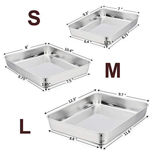 P&P Chef Deep Baking Pan Set Of 3 (12.3” & 10.4” & 9.3 Stainless Steel Baking Sheet Lasagna Rectangle Cake Pan For Oven Dishwasher Use, Non-Toxic & Heavy Duty & Easy Clean #TOP1