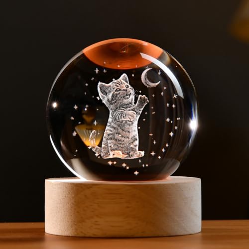 IFOLAINA 3D Cat Crystal Ball with Wooden Base Gift Lamp