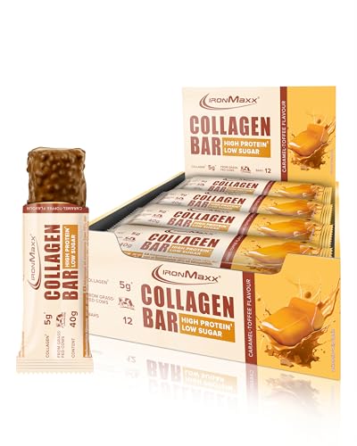 IronMaxx Collagen Protein Bar - Barra 40g Caramelo Toffee 12 Unidades - Barra High Protein baja en azúcar con colágeno tipo 1, 2 y 3, 5g de colágeno por barra de carne de vaca alimentada con pasto.