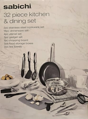 Sabichi 32 Piece Premium Kitchen Set, Essential Cookware and Gadgets- Stainless Steel Pots and Pans Set- Utensils, Dinnerware, Cookware, Glasses & Mugs