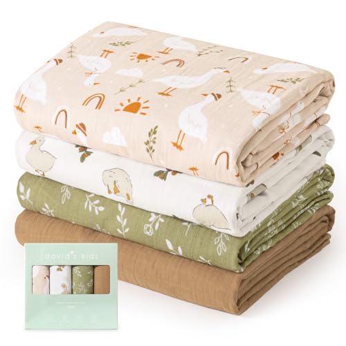 Image of david's kids 4 Pack Baby Muslin Swaddle Blankets, 100% Cotton and Ultra Soft Breathable Receiving Blanket Wrap for Boys Girls, New Born Essentials, Large 47 x 47 inches, Farm & Duck