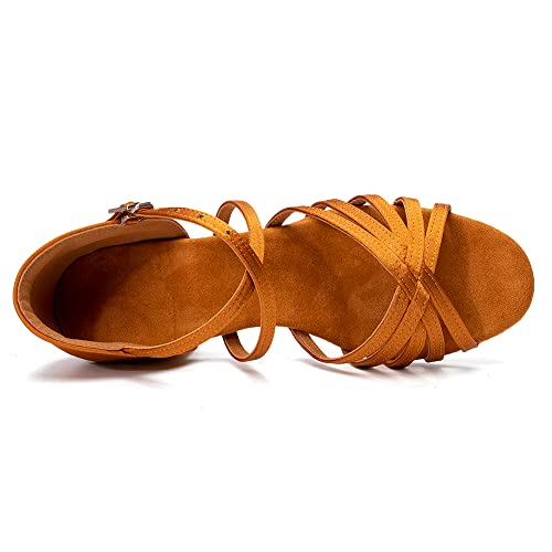 Juodvmp Girl's Latin Dance Shoes Tan Satin Low Heel 1.1" Ballroom Salsa Dance Practice Performance Shoes,Model 202, 2.5 M Us Little Kid #TOP2