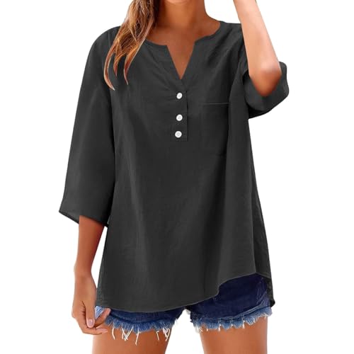 Camisetas Manga Corta Mujer de Algodón y Lino con Botones Primavera Verano Moda Color sólido Blusa Cuello en V Camiseta Casual Shirts con Bolsillo Fiesta Tops Cómoda 1