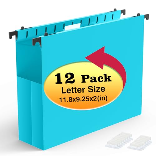 SHUTEX Extra Capacity Plastic Hanging File Folders,12 Pack, Letter, Blue