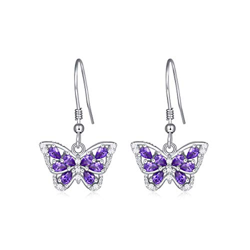 925 Sterling Silver Simple Cute Dainty Pretty Beautiful Sparkly Cz Crystal 3D Monarch Morpho Light Purple Butterfly Wing Dangle Earrings for Women Little Teen Girls With Amethyst February Birthstone Trendy Hanging Drop Nickel Free Jewelry Gifts Valen
