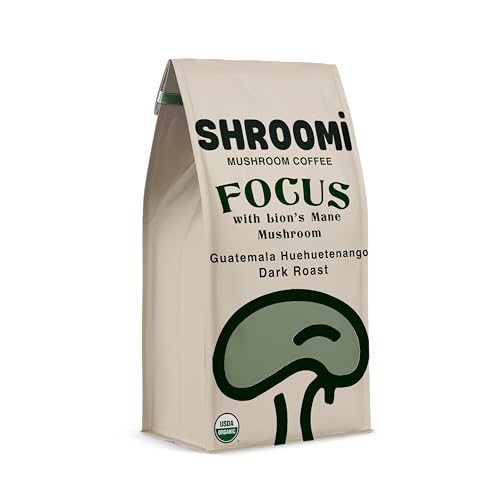Shroomi Premium Ground Mushroom Coffee | Mental Performance Gourmet Coffee | Lion’s Mane, Chaga Focus Blend | Certified Fair Trade, Dark Roast From Guatemala Huehuetenango | 12oz Bag