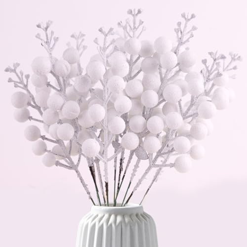 LEBERY Christmas Glitter Berries Stems 14Pcs 7.8 Inch Christmas White Holly Berry Picks Artificial Winter Faux Berry Stems Picks Branches for Christmas Tree Ornaments DIY Crafts Wreath and Home Decor