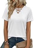 Totatuit Top Mujer Manga Corta Cuello en V Unicolor Camiseta con diseño Cruzado Elegante para un Estilo Diario Blanco，S