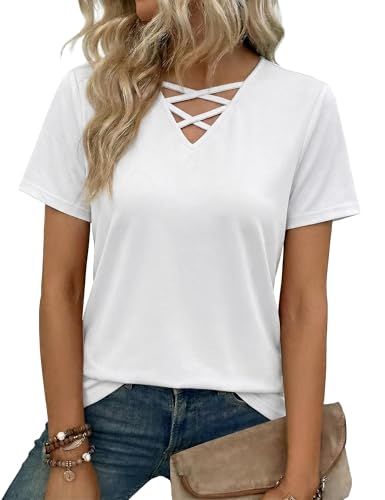 Totatuit Tee Shirt Femme Col V Unicolore Manches Courtes Haut avec Détail Croisé Élégant et Chic pour le Printemps et l’Été Blanc,L