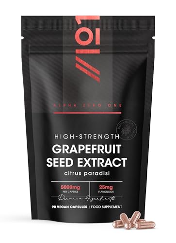 Grapefruit Seed Extract 5000mg Standardised 25mg Flavonoids 90 Vegan Capsules (3 Month Supply) Resealable and Recyclable Pouch by Alpha01