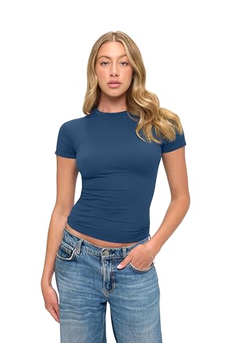 Natural Uniforms Womens Super Soft Super Stretch Y2K Short Sleeve Baby Tee Crop Top (True Navy Blue Medium)