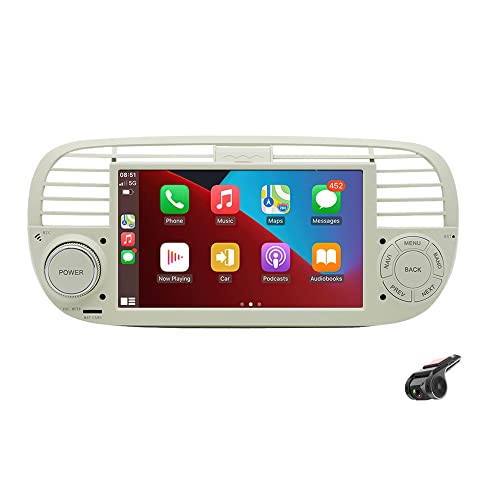 BOOMBOOST CarPlayer sans Fil Android Auto Stéréo de Voiture Android 7 Pouces 2 Din Écran Tactile Autoradio Support Bluetooth/FM/WiFi/GPS/Mirror Link Compatible pour Fiat 500+Android DVR (Blanc)