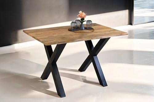 SAM Esstisch Tiger 160 x 85 cm, Mangoholz massiv & naturfarben, Baumkantentisch mit X-Metallgestell in Schwarz, echte Baumkante, Esszimmertisch in Vintage-Optik SAM Esstisch Tiger 160 x 85 cm, Mangoholz massiv & naturfarben, Baumkantentisch mit X-Metallgestell in Schwarz, echte Baumkante, Esszimmertisch in Vintage-Optik