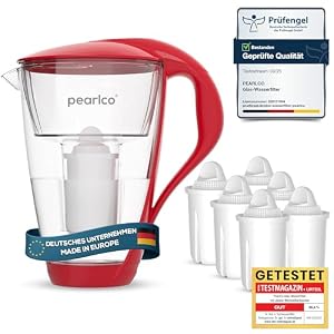 PearlCo Rote Glas-Wasserfilterkanne mit 6 Kartuschen