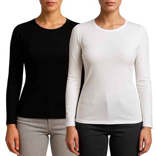 Valko Camiseta Termica Mujer Manga Larga – Camiseta Interior Suave y Elástica con Interior Afelpado – Ropa Termica Mujer Invierno (Negro-Blanco, XL)
