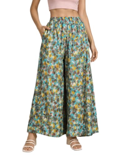 Image of Viscose Rayon Flared Printed Plazzo Palazzo Pants, Loose /Relaxed Fit Regular, Office Wear, Casual Wear Comfortable, Trouser Pants for Girls & Women Black Kerri Design (S to 3XL Size)