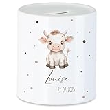 Joli motif animal avec nom - Avec son joli motif de vache et son nom individuel, cette tirelire attire tous les regards et est une excellente idée de cadeau pour une naissance, une communion ou une confirmation. Cadeau de baptême ou pour la rentrée des classes.