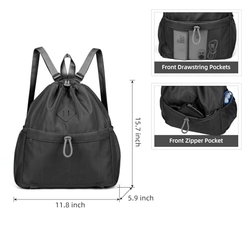ALUSBELL Drawstring Backpack for Women, Water-Resistant String Backpack, Lightweight Gym Bag with Yoga Mat Strap Black2