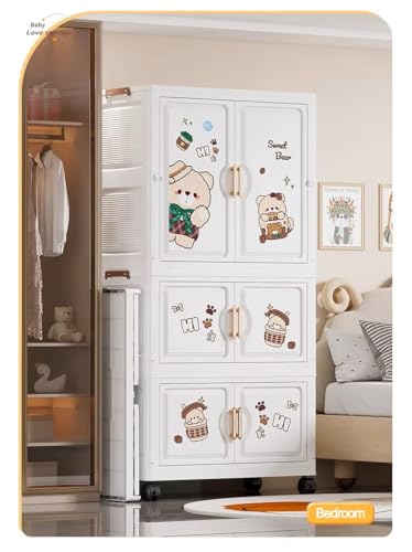 Image of Strassis Design Multipurpose Plastic Wardrobe for Kids Clothes Almirah Cupboard | Multipurpose Baby Toys /Books /Accessories Storage Organiser Closest with Anti-Skid Base (Cake Bear-K70212)