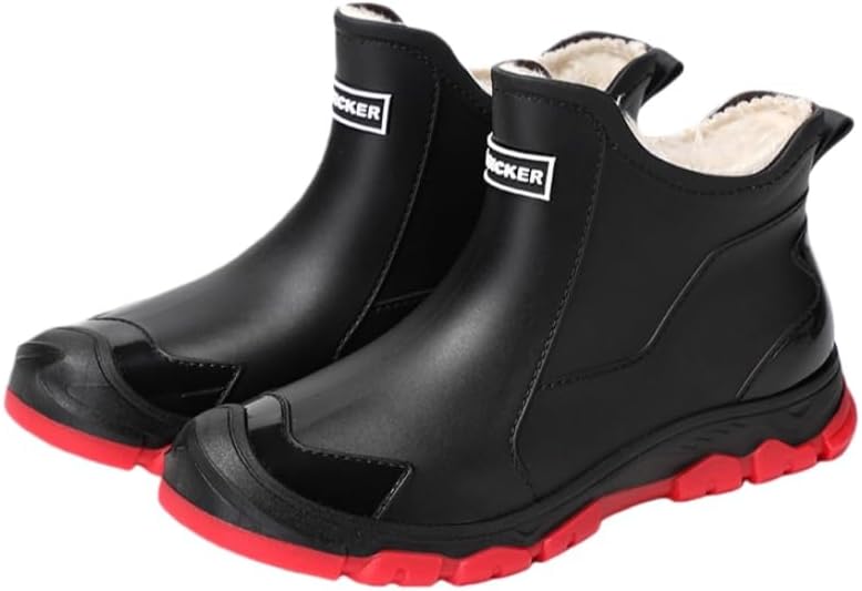 Men's large-sized outdoor short boots for warmth in rain. Soft and warm lining. Flat rubber non-slip sole. Suitable for winter fishing and outdoor gardening activities.