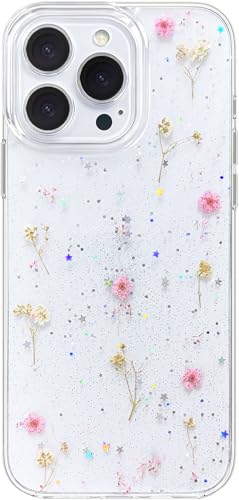 Coque iPhone 14 Pro esthétique avec gypsophile rose séchée idée cadeau pour femmes