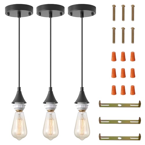 Image of Vintage Black Pendant Light Kit,E26 Lamp Socket DIY Pendant Light Cord,Adjustable Hanging Light Fixtures for Kitchen,3Pack