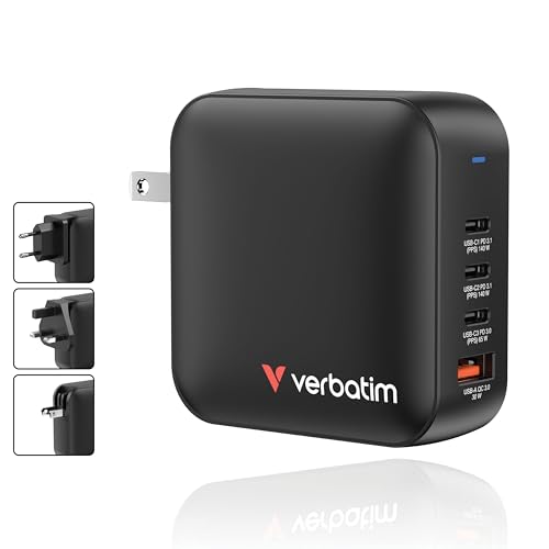 Image of Verbatim Mini GaN Wall Charger 165W 4 Port 3X USB-C Ports PD 3.0 (PPS) up to 70W 1x USB-A Port QC 3.0 up to 30W